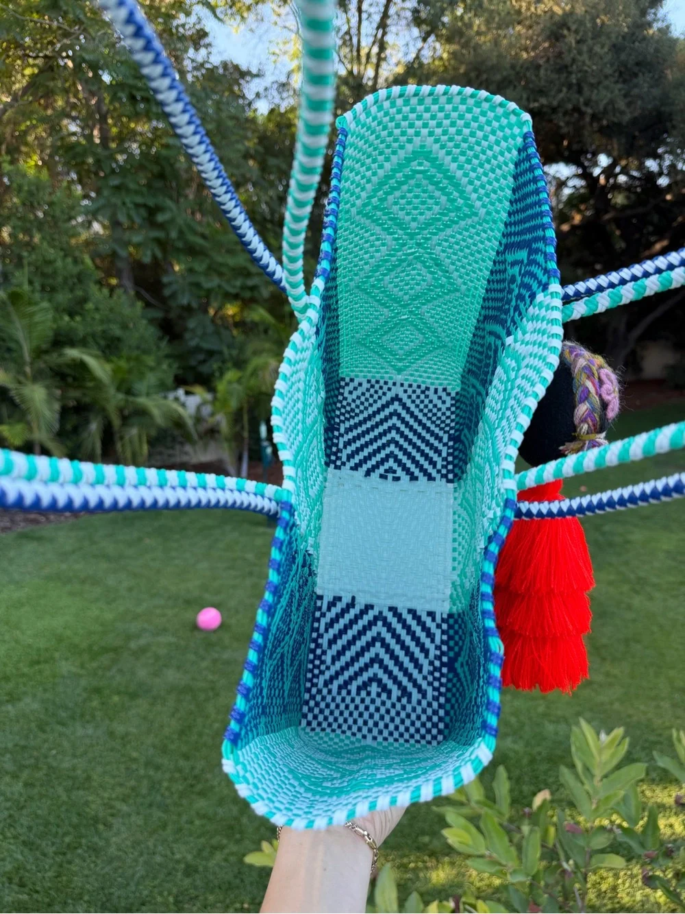 Handwoven Blue & Teal Diamond Tote Bag with Red Tassel Charm